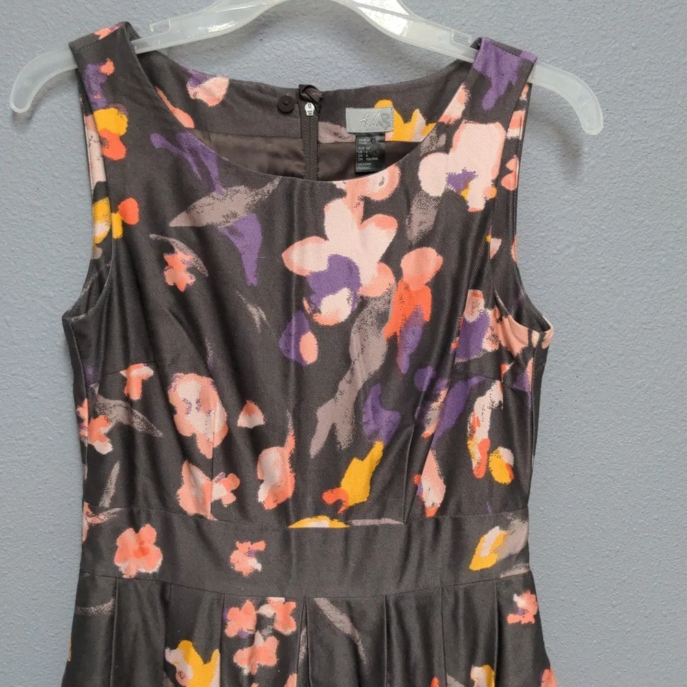 sz 6 Grey floral tea length dress sleeveless pockets fully lined hidden zipper - Picture 2 of 13